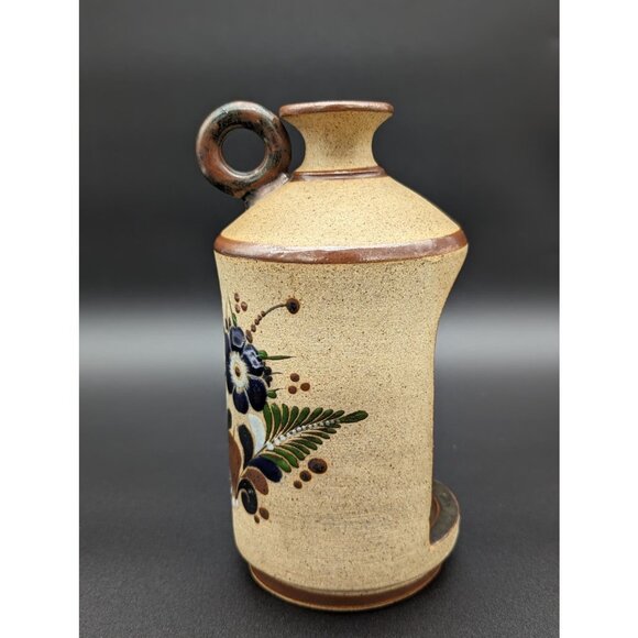1970's Mexican Tonalá Hand Painted Stoneware Candle Holder Fern Blue Signed - Picture 2 of 8